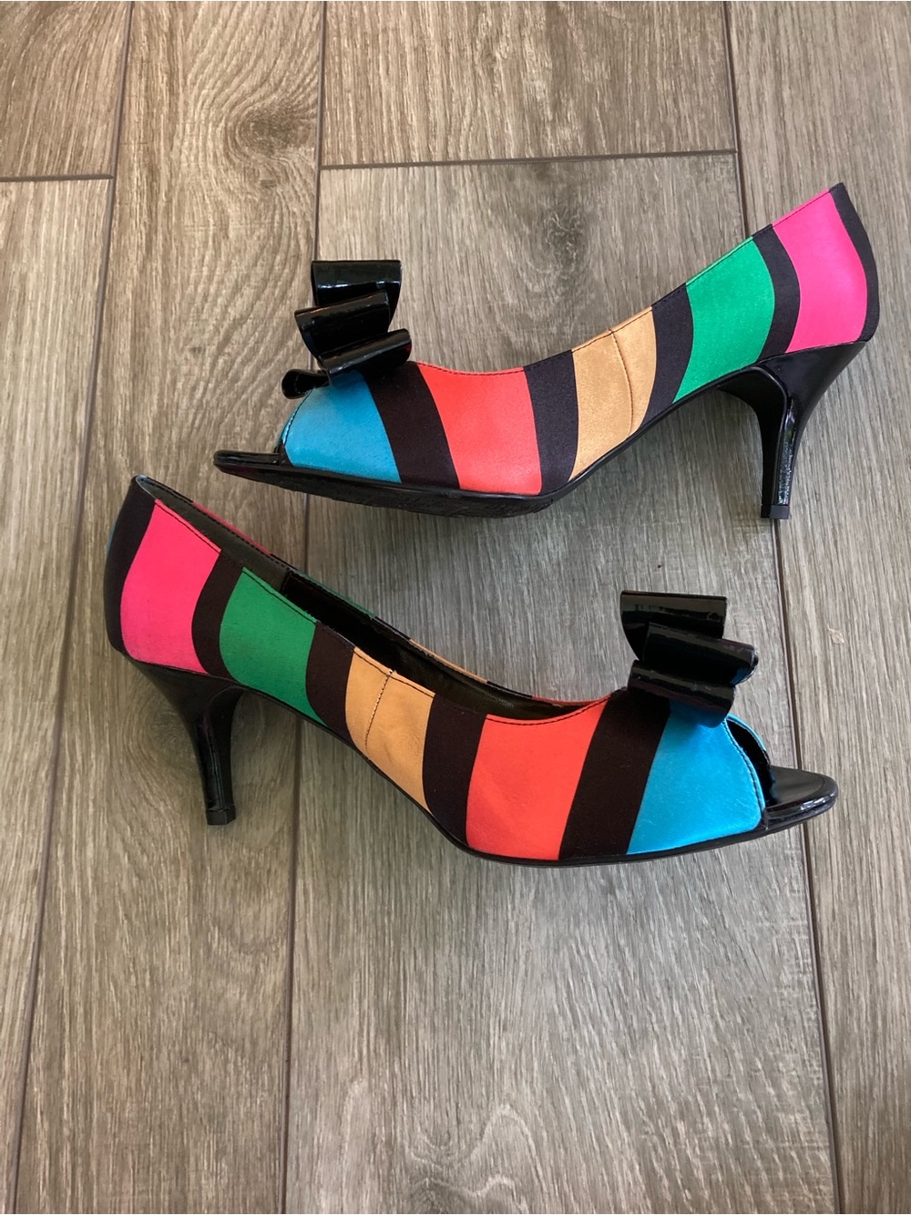 J.Renee Multicolor Striped Peep-Toe Heels with Black Bow